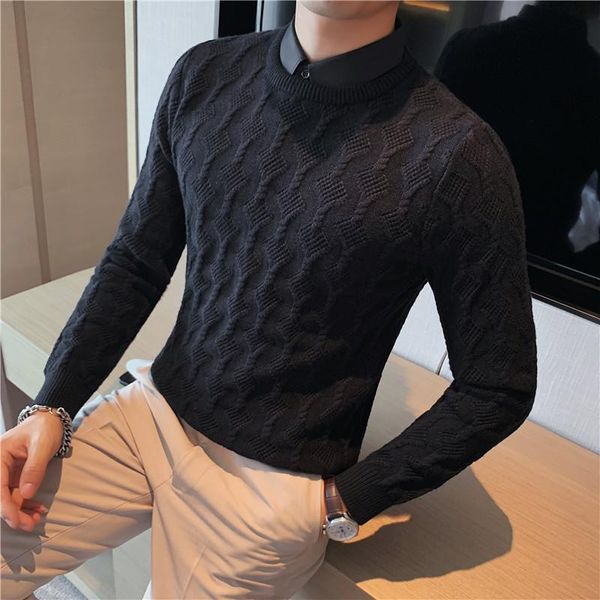 

men's sweaters 2021 men fall winter fake two-piece long sleeve sweater korean slim pullover base shirt black knitted -3xl, White;black