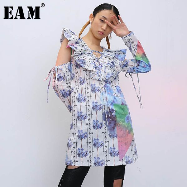 

[eam] women blue striped split bandage drawstring dress v-neck long sleeve loose fit fashion spring summer 1t906 21512, Black;gray