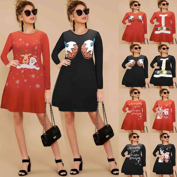 

santa claus elk print mini dress women vintage o neck long sleeve christmas dress autumn winter slim pullover party a-line dress 210412, Black;gray
