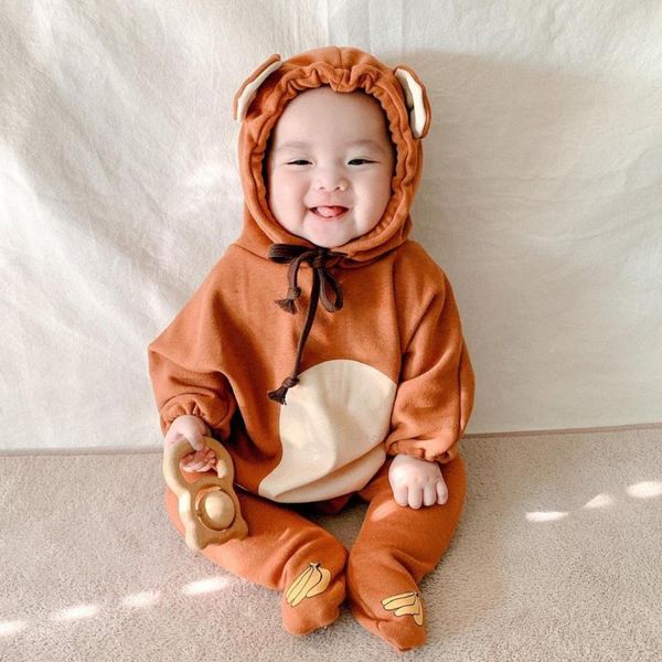 

spring new cartoon long sleeve cotton baby bodysuit boys and girls cute ear hooded jumpsuit clothes baby onesie 210413, White