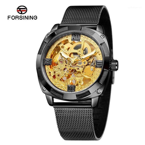 

wristwatches forsining watches men's business hollow through fully automatic mechanical movement wrist watch steel band, Slivery;brown