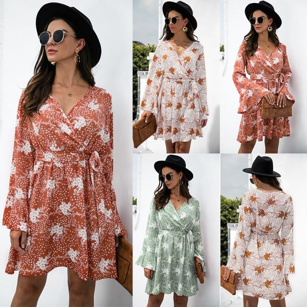 

casual dresses woman autumn print a-line robe femme bandage v-neck long sleeve mini dress for women's clothing 2021 vestido de mujer, Black;gray