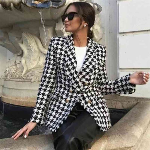 Foridol Houndstooth Tweed Malha Blazer Jaqueta Mulheres Outono Inverno Duplo Defeito Escritório Senhoras Vintage Bolsos Casaco Casaco 210415