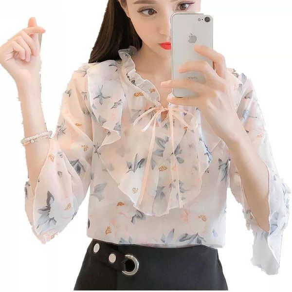 

women's blouses & shirts s-3xl floral printed chiffon women summer lace-up bow shirt korean elegant office blusas femininas pink black, White