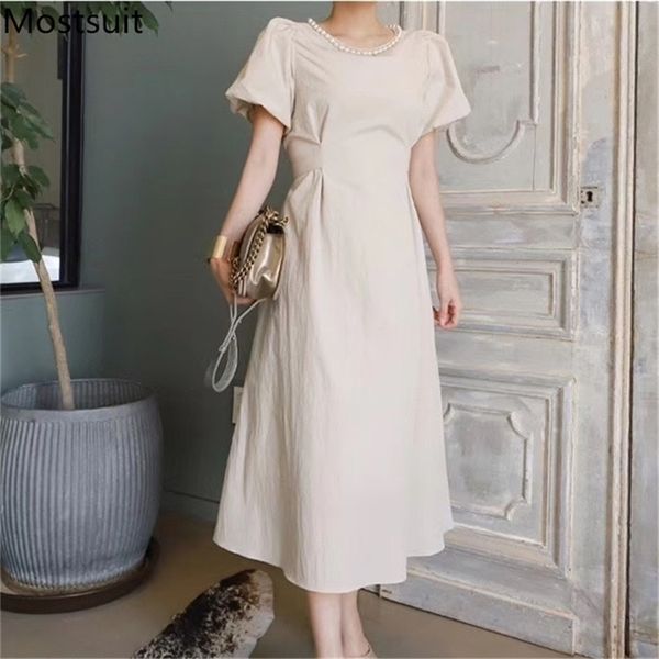 

summer pearl beading korean long dress women short sleeve o-neck sashes belted solid fashion a-line dresses elegant vestido 210513, Black;gray