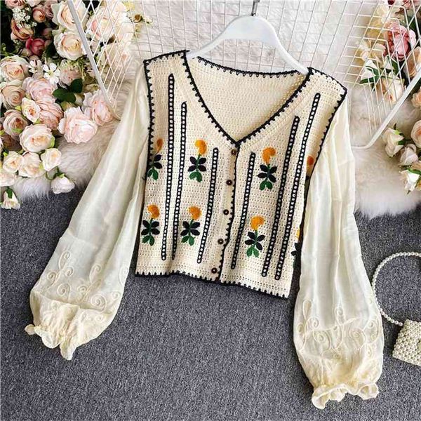 

retro crochet hollow embroidery v-neck long shirt female spring and autumn temperament sweet and wild short girl blouse uk078 210401, White