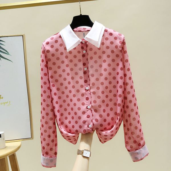 

autumn korean style ladies turn down collar long sleeves dot chiffon shirt women's casual blouse shirts a4422 210428, White