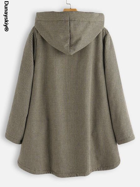 

women's wool & blends coat autumn and winter plaid loose plus velvet buttons high street hooded jacket manteau femme, Black