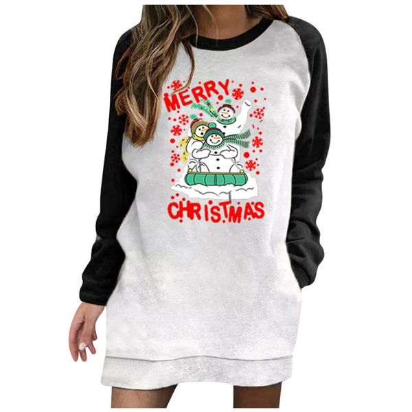 

casual dresses ladies patchwork o-neck dress contrast color long sleeve loose christmas print printing pocket sweatshirt *, Black;gray