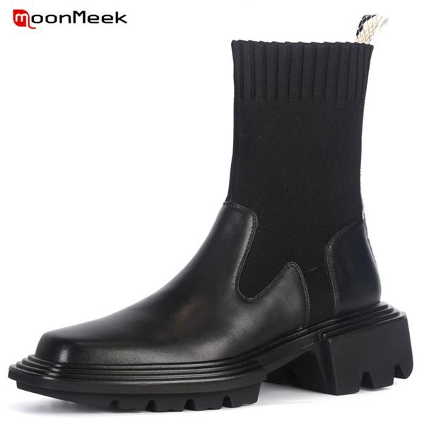 

boots moonmeek 2021 low heel casual shoes women ankle genuine leather knitting stretch fashion cool, Black