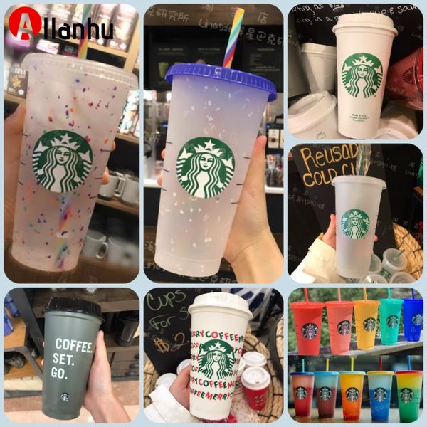 

starbucks 24oz/710ml plastic mugs tumbler mermaid goddess reusable clear drinking flat bottom pillar shape lid straw cups mug 591y