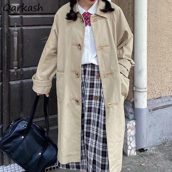 

women's trench coats horn button women solid preppy style loose pockets long outwear basic soft all-match daily females autumn leisure, Tan;black