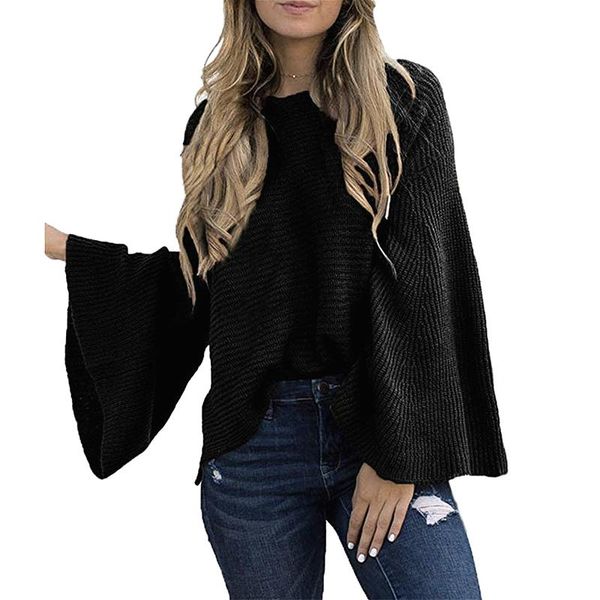 

women's sweaters peonfly fashion women o neck long flare sleeve solid jumper 2021 autumn loose elegant knitted femme, White;black