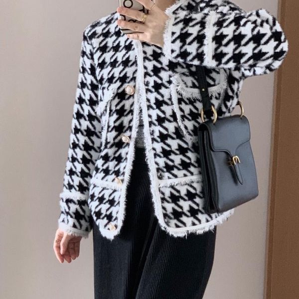 

women's jackets houndstooth jacket women o-neck long sleeve single breasted pearl buttons pocket vintage coat spring autumn high qualit, Black;brown