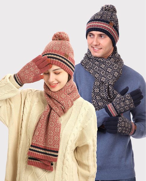 Marca 3 Pz Donne Inverno Pompon Beanie Cappello Sciarpa Touch Screen Guanti Set Caldo Maglia fiocco di neve Stampa Skull Cap Peluche Foderato Warmer