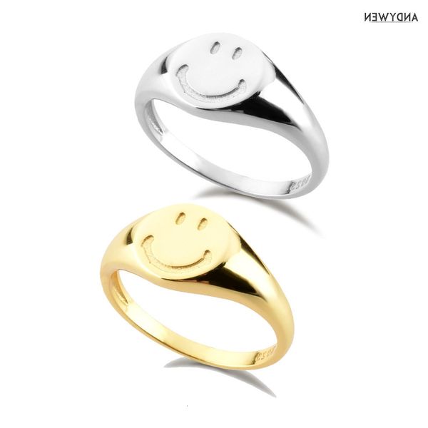 

andywen 925 sterling zilver maat pure smiley gelukkig gezicht dikke ringen vrouwen ronde fine jewelry gift luxe glimlach sieraden, Slivery;golden