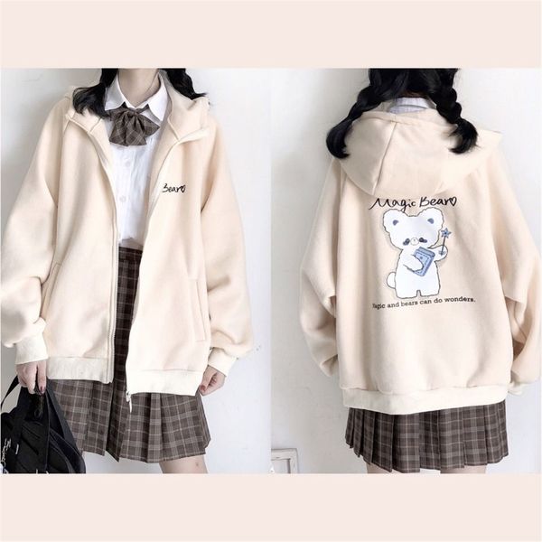 

women's hoodies & sweatshirts beautiful bear imprint with hoodie zipper women harajuku sweaters japan casual pullovers kawaii oversize, Black