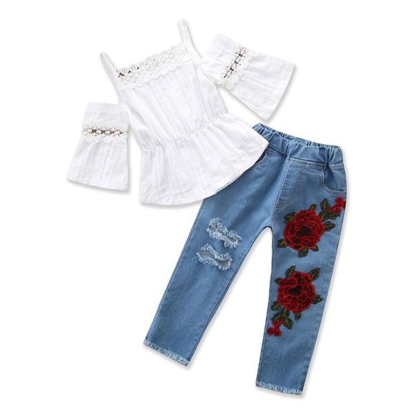 

clothing sets toddler girls summer set white +elastic waist jeans embroidered trousers 2pcs kids suit baby girl clothes size 2-5y
