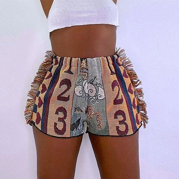 

women's shorts skinny bicker female short streetwear patchwork lady tassel outfit summer retro print graphic fashion casual side, White;black