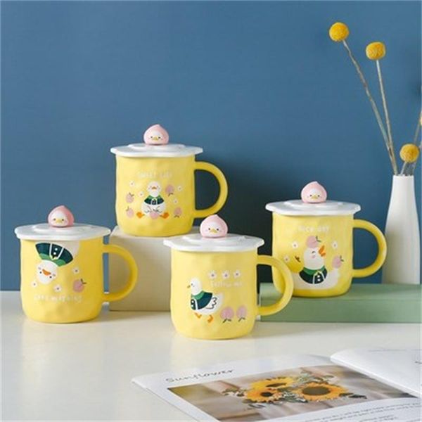 

mugs cartoon embossed duckling mug office family milk coffee cup with lid children's water holiday gift customized ceramic