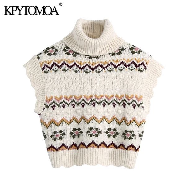 

women fashion jacquard cropped cable-knit vest sweater vintage high neck ruffled armholes female waistcoat mujer 210421, Black;white