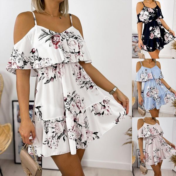 

spaghetti strap womens dresses off shoulder floral print mini summer casual white ruffles ladies for women robe, Black;gray