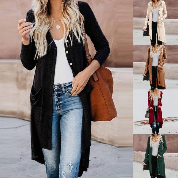 

women's knits & tees solid v-neck button cardigan knit long coat fashion long-sleeved loose jacket, White