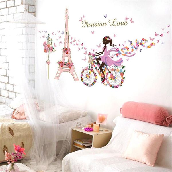 

wall stickers romantic paris sticker for kids rooms eiffel tower flower butterfly fairy girl riding art decal home decor mural