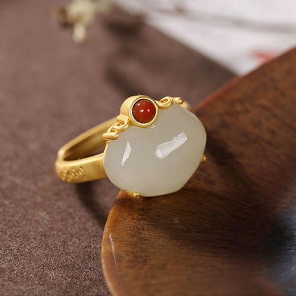 

cluster rings silver inlaid natural hetian jade ring chinese style retro unique sand gold craft opening adjustable women's brand jewelr, Golden;silver