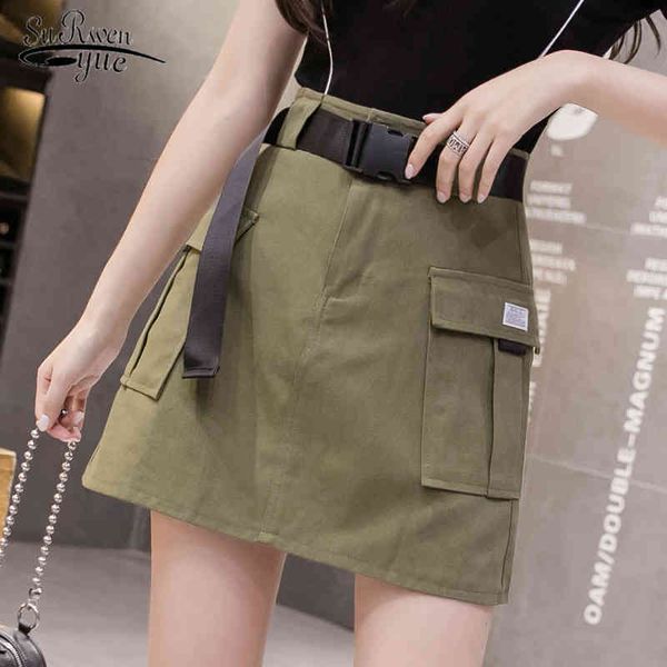 

korean women's skirt summer high waist pocket tooling fashion vintage a-line solid ladies short female 9174 50 210521, Black