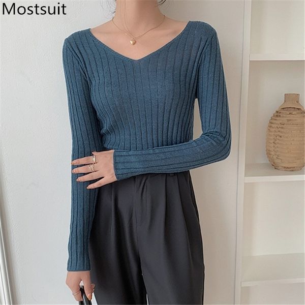 

autumn korean thin knitted pullovers sweaters women long sleeve v-neck solid slim fashion simple basic ladies 210518, White;black