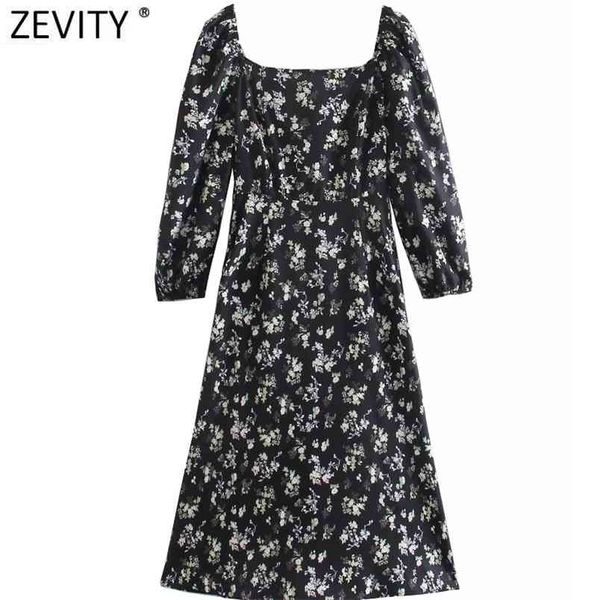

women elegant square collar floral print split midi dress female chic puff sleeve back elastic zipper vestido ds5063 210420, Black;gray