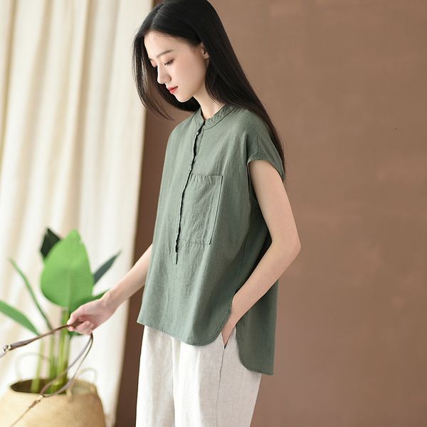 

polo women's blouse of cotton and summer collar loose linen shirt, White
