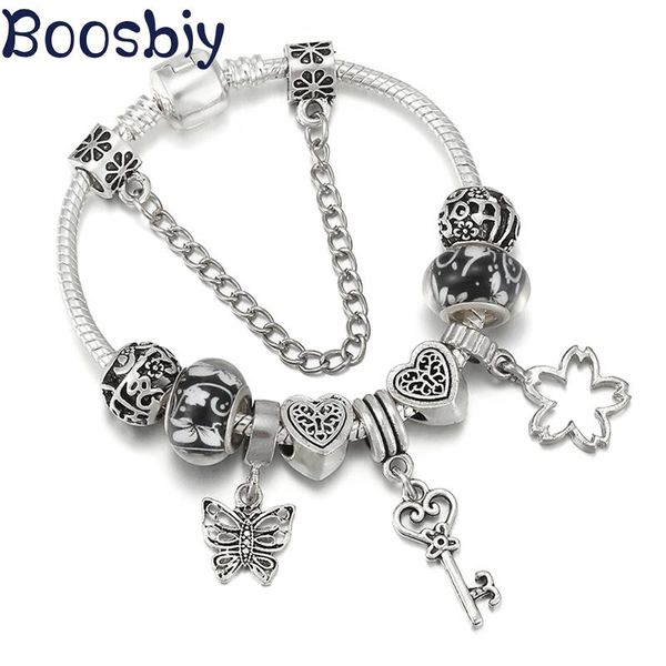 

charm bracelets silver plated snake chain bracelet with key flower pendant for women fashion brand pulseras jewelry gift high quality, Golden;silver