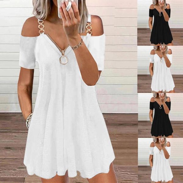 

casual dresses 2021 summer dress women's fashion solid color off shoulder elegant women v neck short sleeve party mini, Black;gray