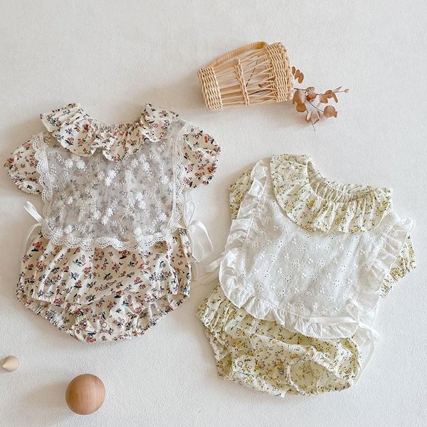 

rompers infant baby girls cotton short sleeve jumpsuit+lace vest korean style summer born clothes girl romper, Blue
