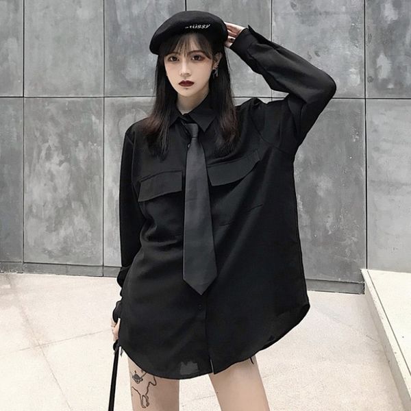 

harajuku oversized blouse women korea punk streetwear black casual vintage shirts gothic loose long sleeve turn-down collar, White;black