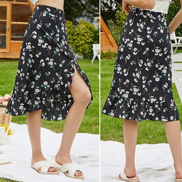 

skirts women's printed floral irregular fishtail skirt casual black