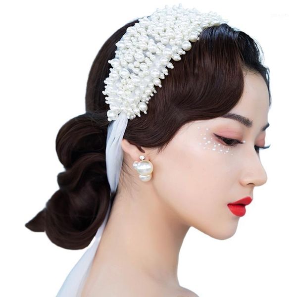 

wedding handmade beading headband bridal full imitation pearl ribbon hairband 83xf1