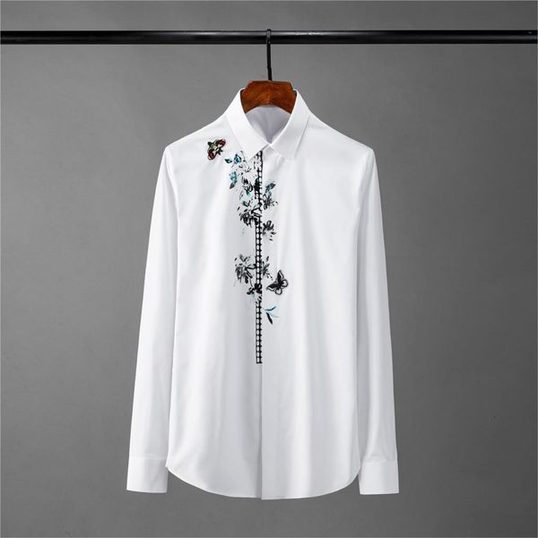 

tee shirt shirt butterfly embroidery mens solid color long sleeve casual male shirts plus size 4xl slim fit man shirt, White;black
