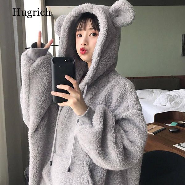 

women's hoodies & sweatshirts kawaii women pullover girl winter loose fluffy bear ear hoodie hooded jacket warm outerwear coat cute swe, Black