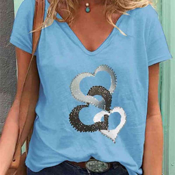 

women's t-shirt 2021 wear to heart print short sleeve v-neck 79cx, White