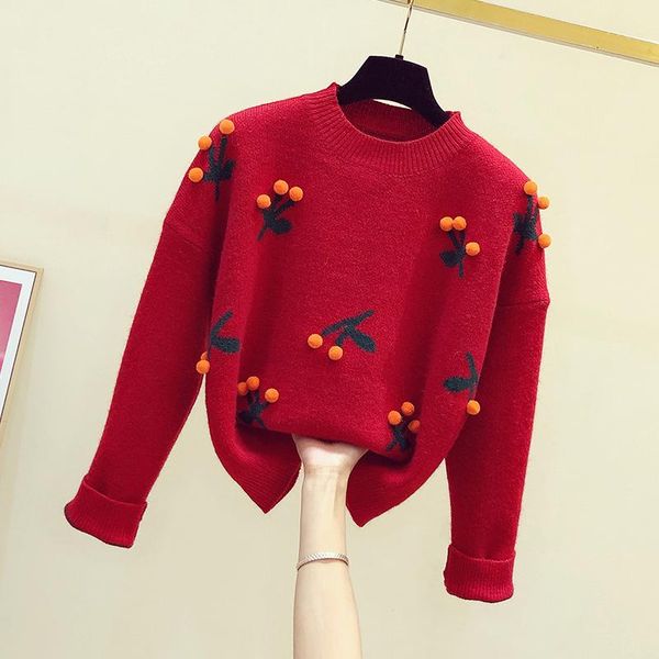 

women's sweaters 2021 autumn and winter knit pullover female knitwear hair ball jacquard long sleeve sweater casual red, White;black