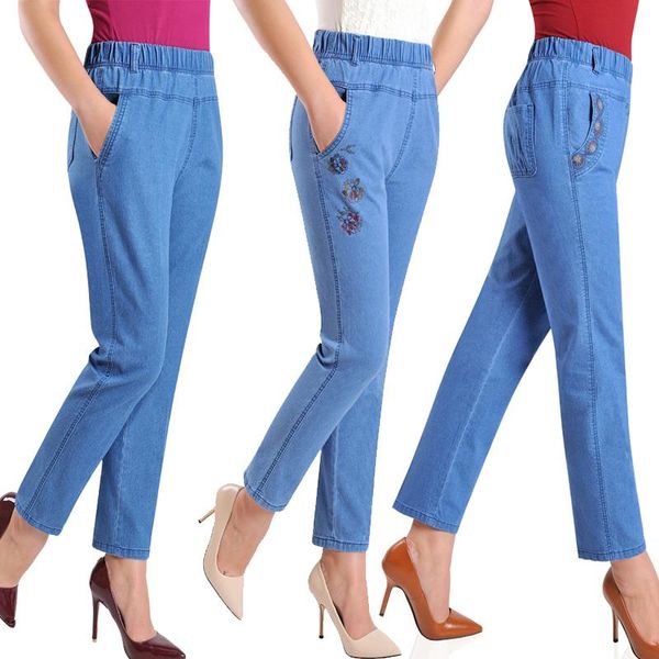 

plus size 5xl jeans female 2021 spring summer embroidery nine denim pants slim high waist elasticity casual women h450 women's, Blue