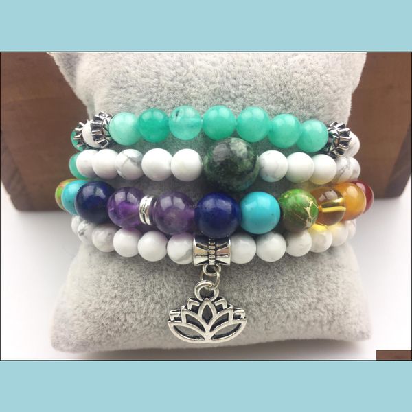 

beaded, strands bracelets jewelry calm 108 mala,lotus flower,mala wrap bracelet, gemstone mala,7 chakra,aventurine, howlite tourmaline drop, Black