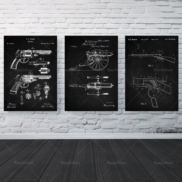 

paintings western patent set of 3, revolver art, winchester rifle, gatling gun poster, wild west