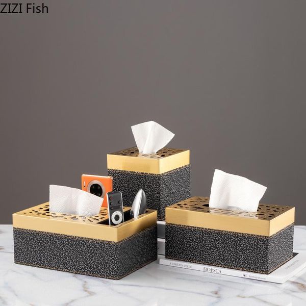 

tissue boxes & napkins metal leather box paper deskstorage organization ornaments black print embossed golden hollow home decoration