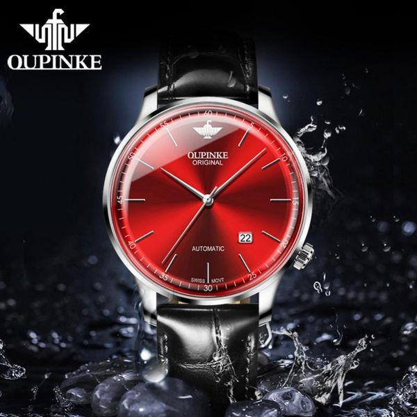 

wristwatches oupinke luxury automatic mechanical men's watch ultra-thin luminous calendar sapphire men watches business leather reloj h, Slivery;brown