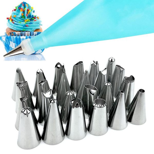 

baking moulds 26pcs/set cake tools silicone pastry bag+24pcs nozzle quality stainless steel cream nozzles