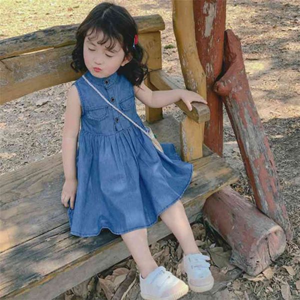 Yaz Kız 'Elbise Yıkanmış Denim Düğme Cep Dikiş Standı Yaka Kolsuz Yelek Bebek Çocuk Çocuk Giyim 210625